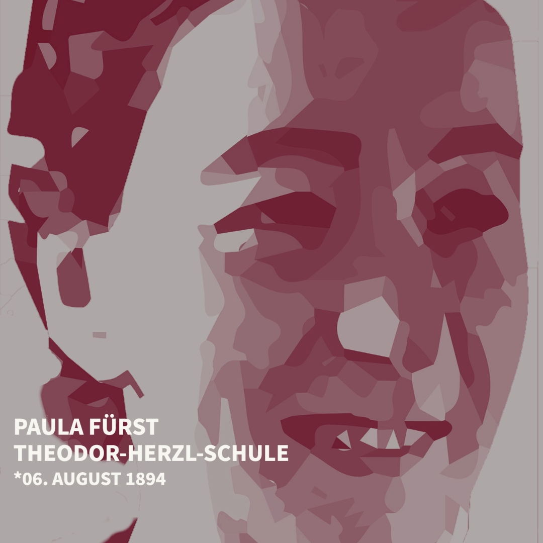 Quadratische Grafik vom Kopf von Paula Fürst in Schattierungen bzw. Formen in Rot-Tönen. Unten links sthe in weißen Großbuchstaben auf drei Zeilen aufgeteilt "Paula Fürst - Theodor-Herzl-Schule - *06. August 1894"