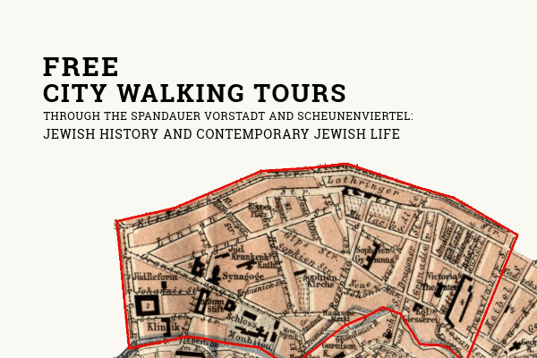 Historische Karte der Spandauer Vorstadt und des Scheunenviertels mit roter Umrandung, Titel 'Offener Stadtspaziergang Jüdische Geschichte und Gegenwart' oben links